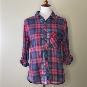 LOVE, FIRE Pink Plaid Faded Button Down Shirt M